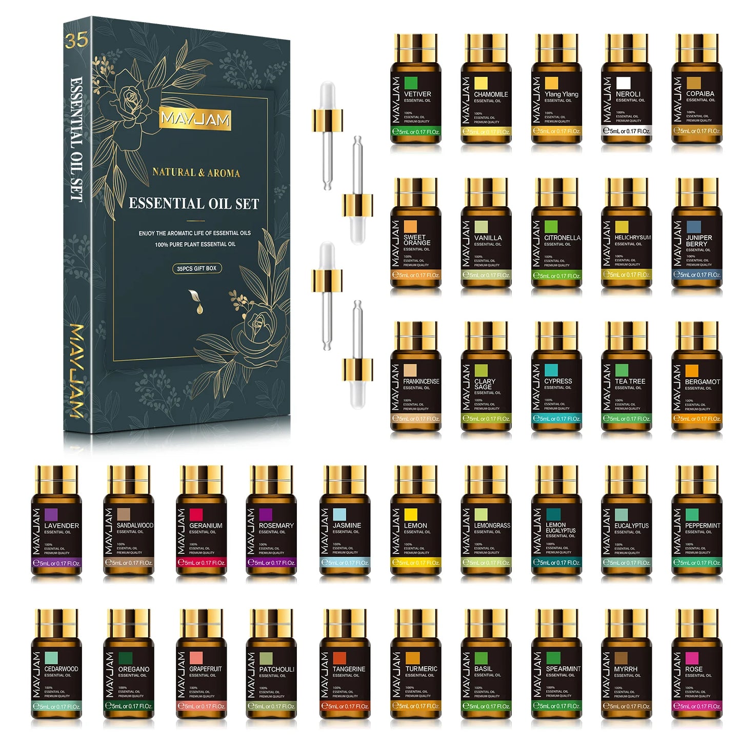 Ätherische Öle Set 35x5 ml - Aromaöl Geschenkbox / Duftöle für Diffuser & Raumduft