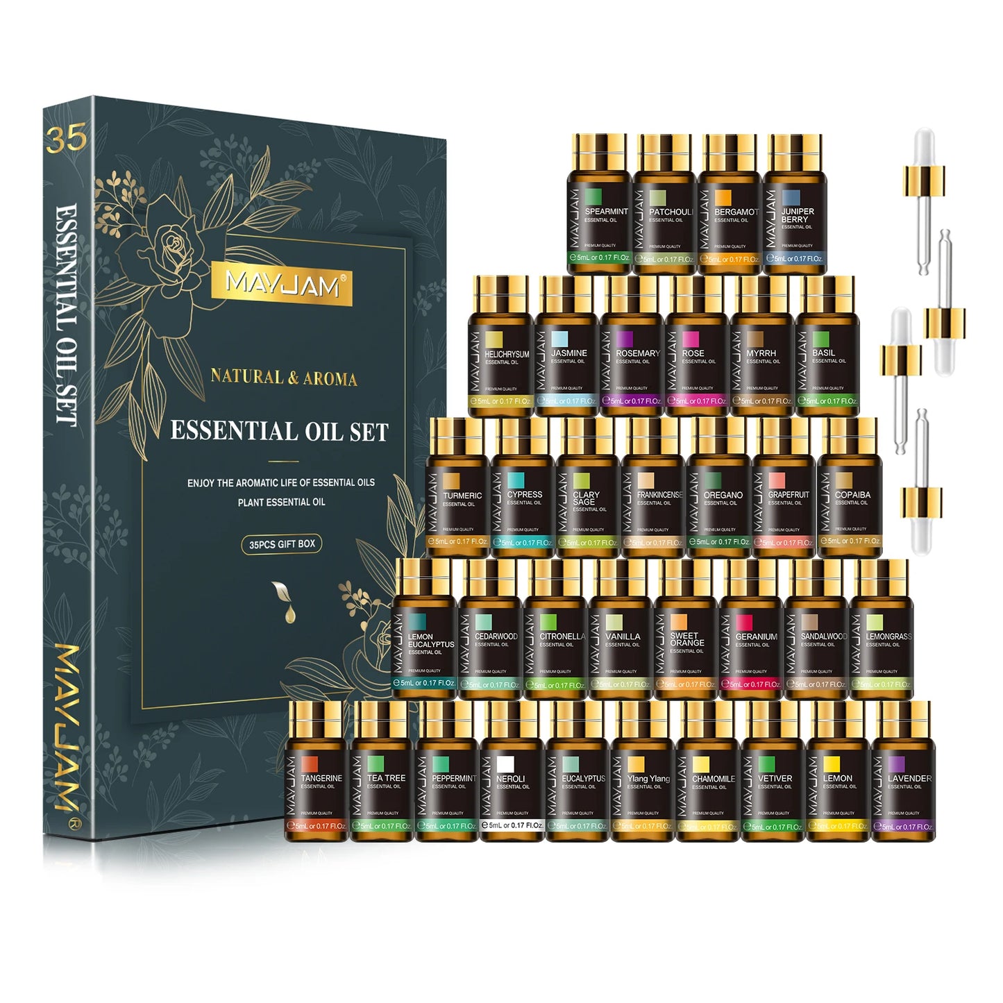 Ätherische Öle Set 35x5 ml - Aromaöl Geschenkbox / Duftöle für Diffuser & Raumduft